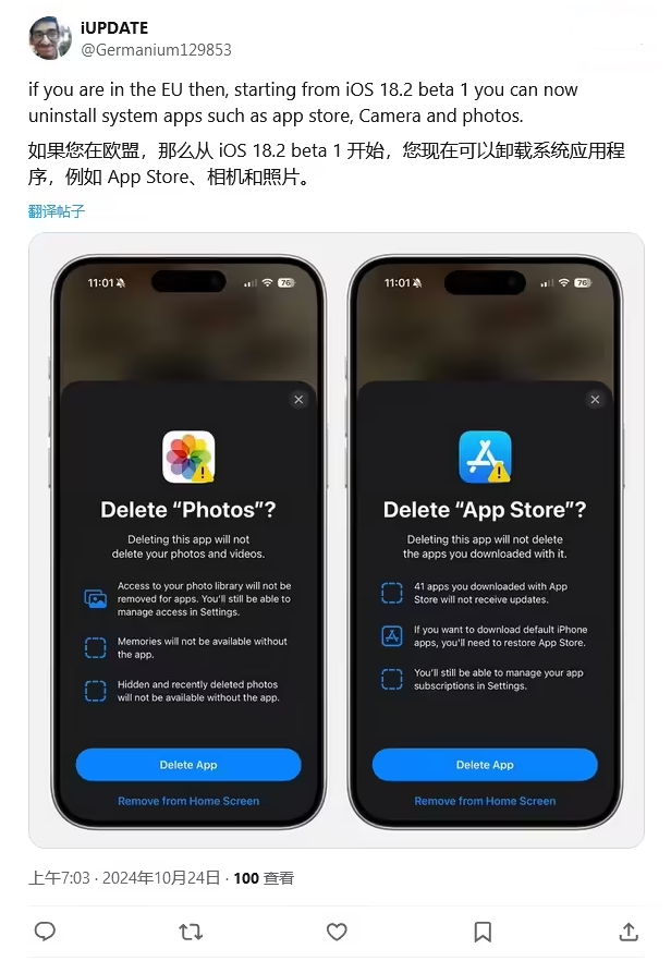 大宁苹果手机维修分享iOS 18.2 支持删除 App Store 应用商店 