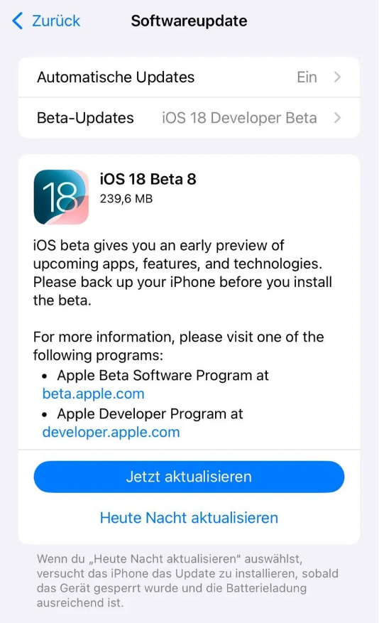 大宁苹果手机维修分享苹果 iOS / iPadOS 18 开发者预览版 Beta 8 发布 